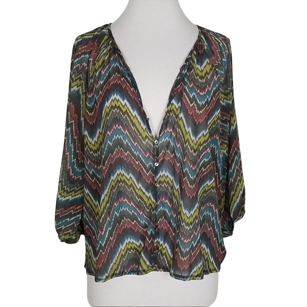 Weston Wear Sheer Button Down Blouse Chevron Womens S 3/4 Sleeve Shirt Fall
